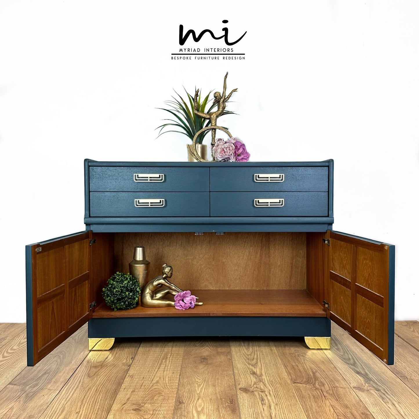Nathan sideboard in deep teal, gold art deco, mid century, vintage, cocktail cabinet, media unit, dresser, retro