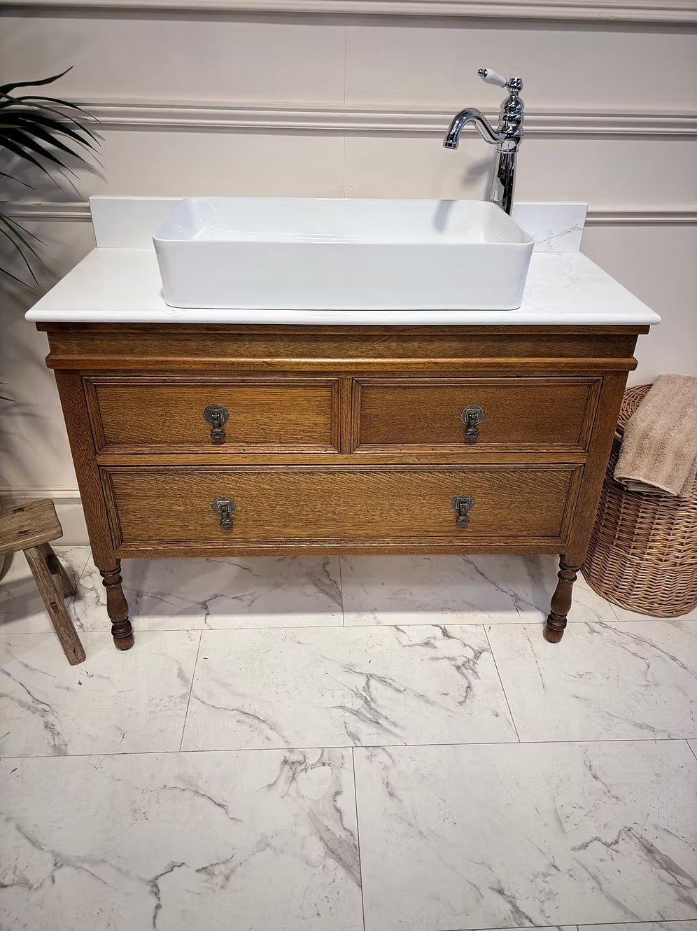 Edwardian Oak Vintage Bathroom Vanity Unit With Basin