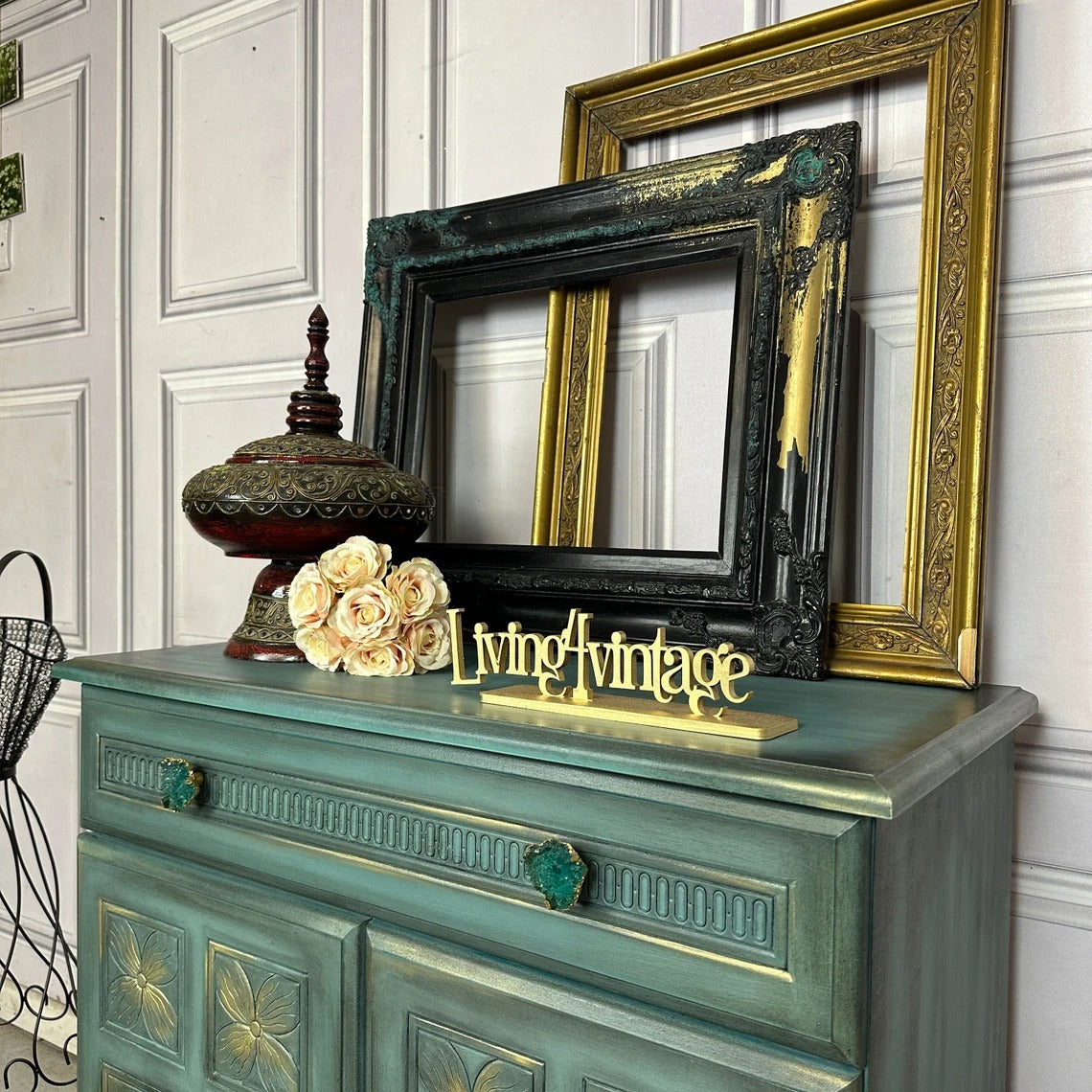 Vintage Painted Cabinet Moody Look Turquoise Cabinet with Carvings
