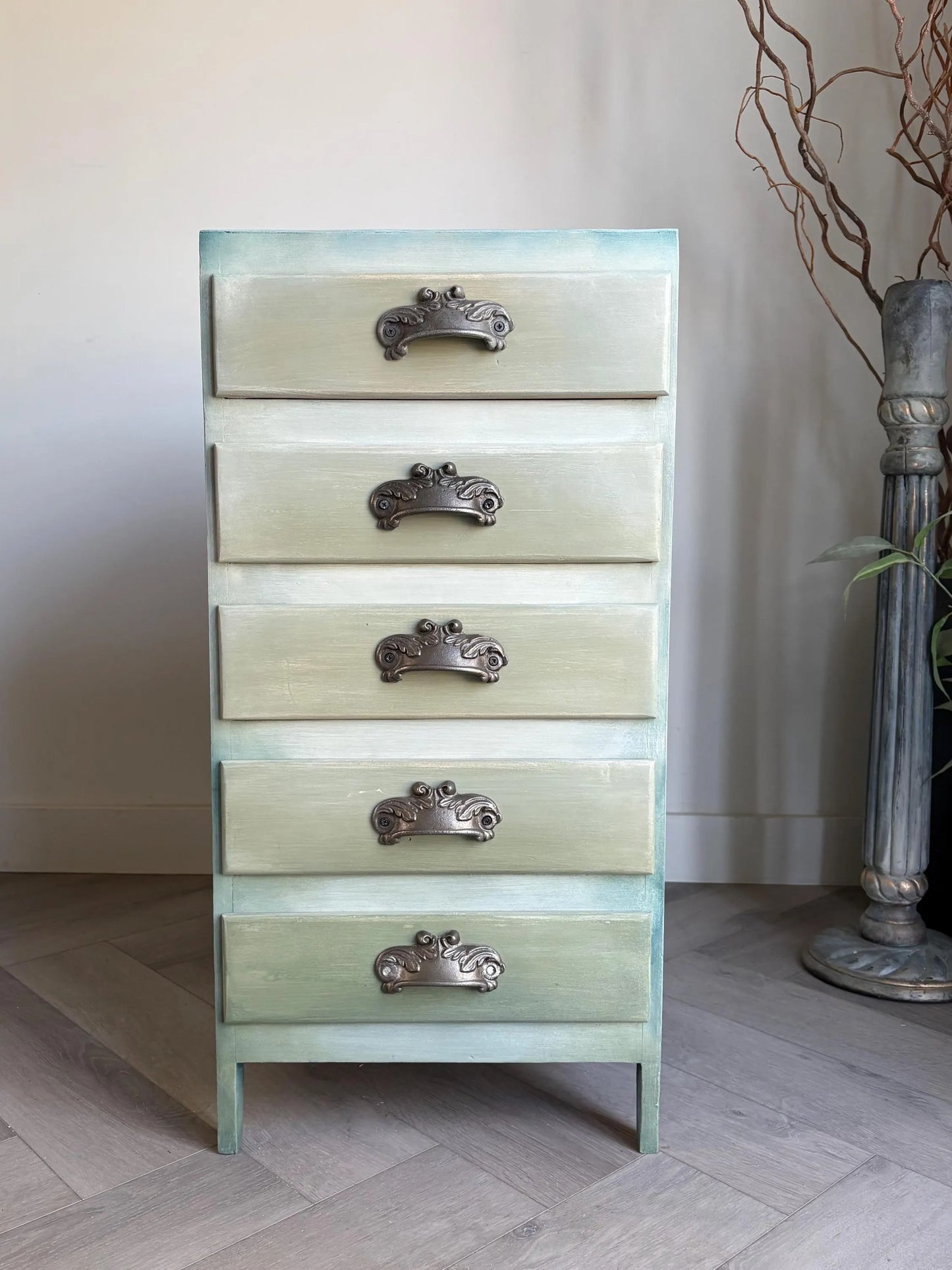 Vintage bedside drawers, hand painted sage green