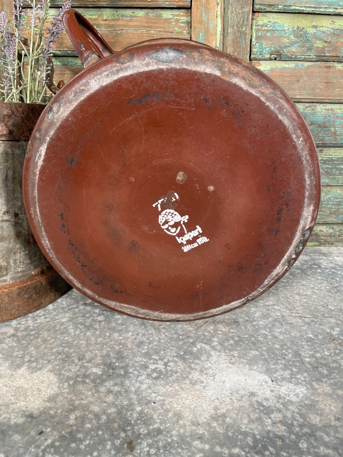 Vintage French Brown Enamel Cooking Pot Tub Garden Planter