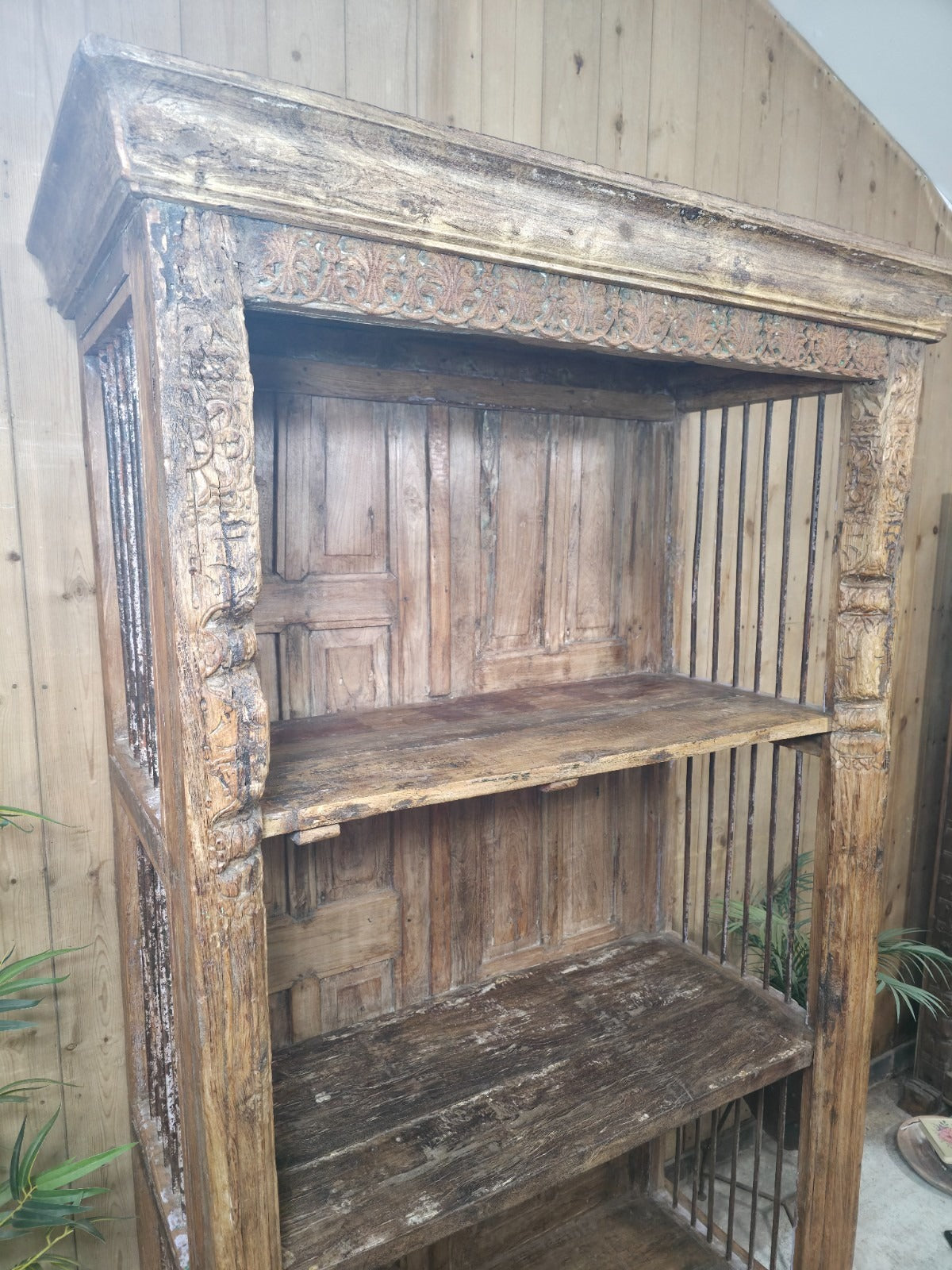 Large Vintage Reclaimed Rustic Carved Indian Solid Wooden Bookcase Shelving Unit