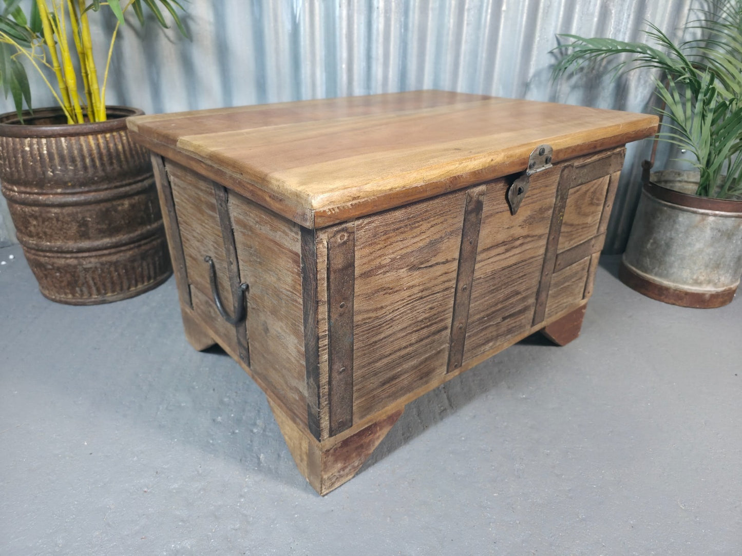 Vintage Rustic Indian Solid Wooden Dowry Chest Coffee Side Table Trunk