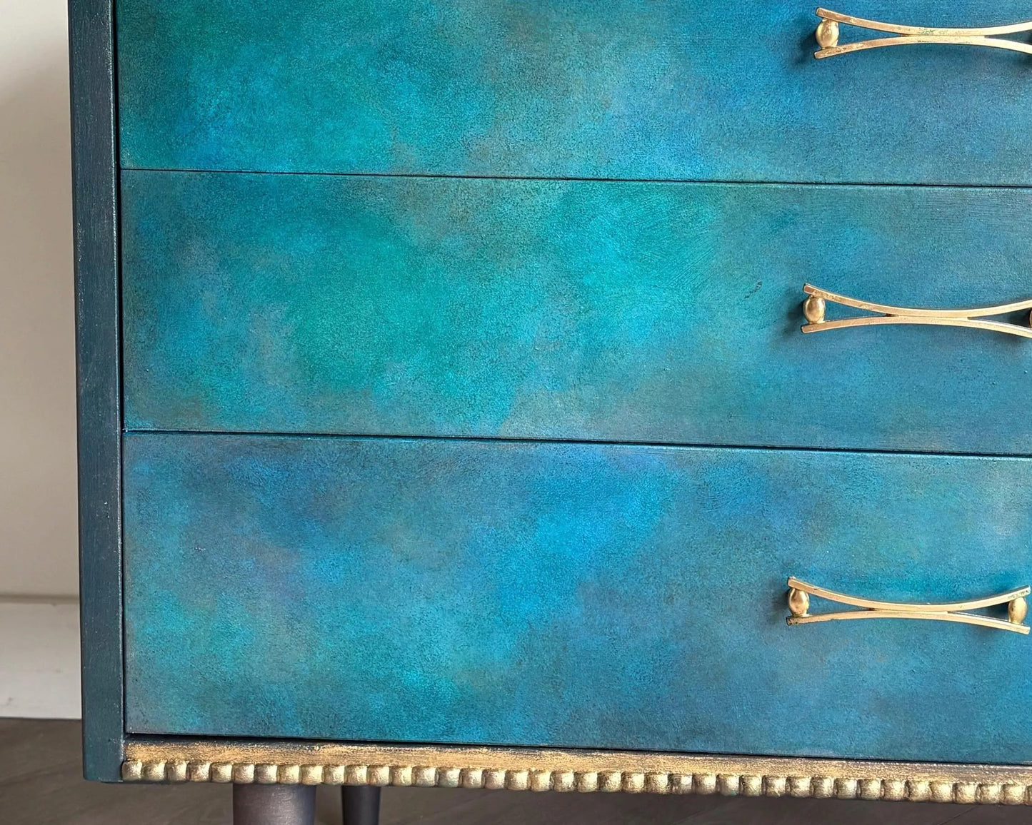 Blue, Teal & Green Vintage Chest of Drawers, Hand Painted Mid Century Dresser