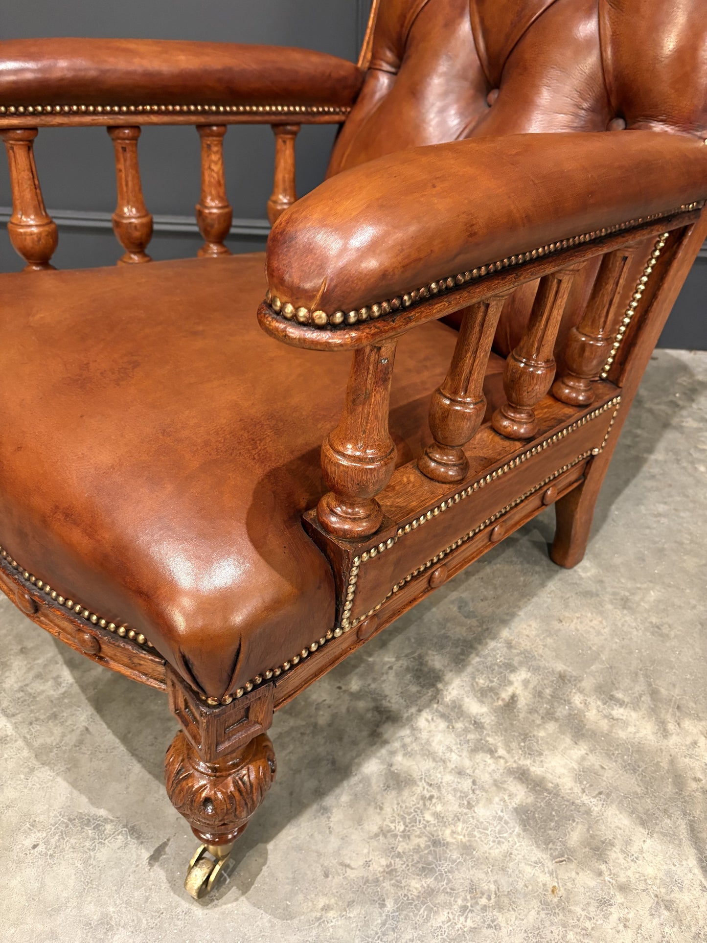 Pair Of Oak & Buttoned Vintage Leather Library Armchairs