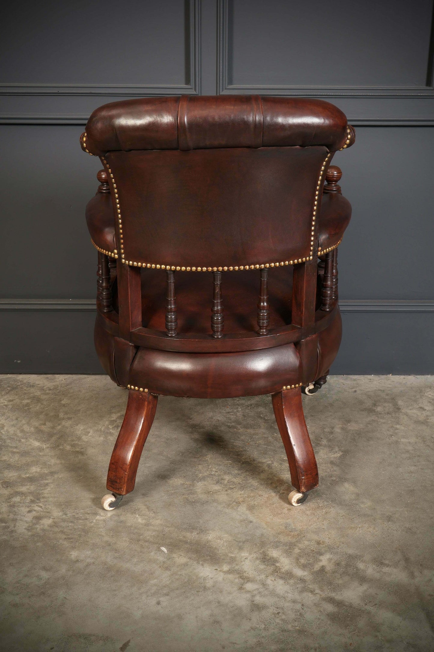 Pair Of Vintage Victorian Mahogany & Buttoned Leather Captains Desk Chairs