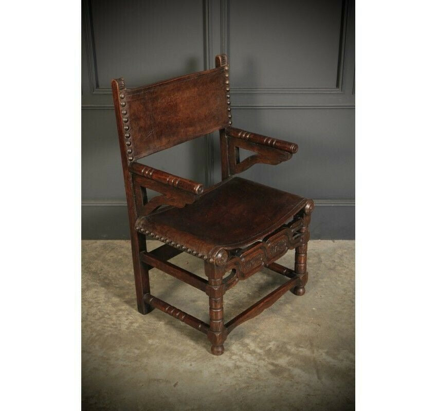 Pair Of Oak And Leather Antique Armchairs