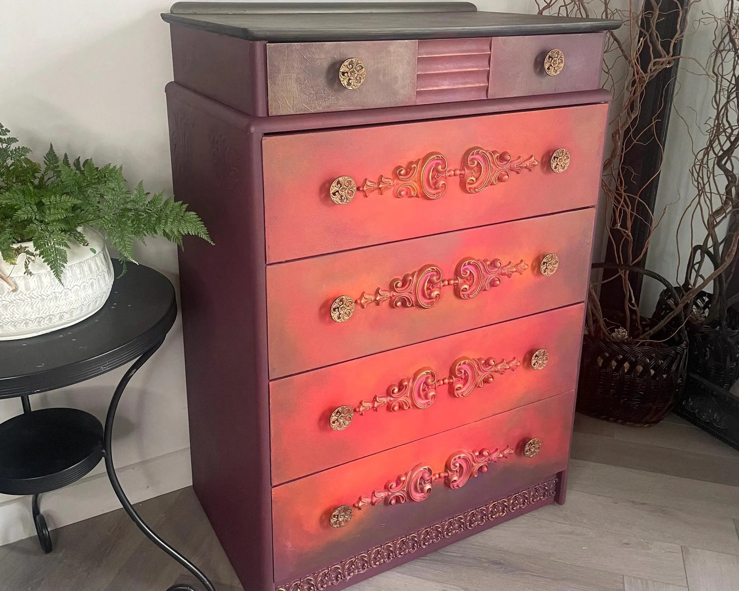 Red, Orange, Maroon Vintage Stag Chest of Drawers Upcycled – Hand-Painted