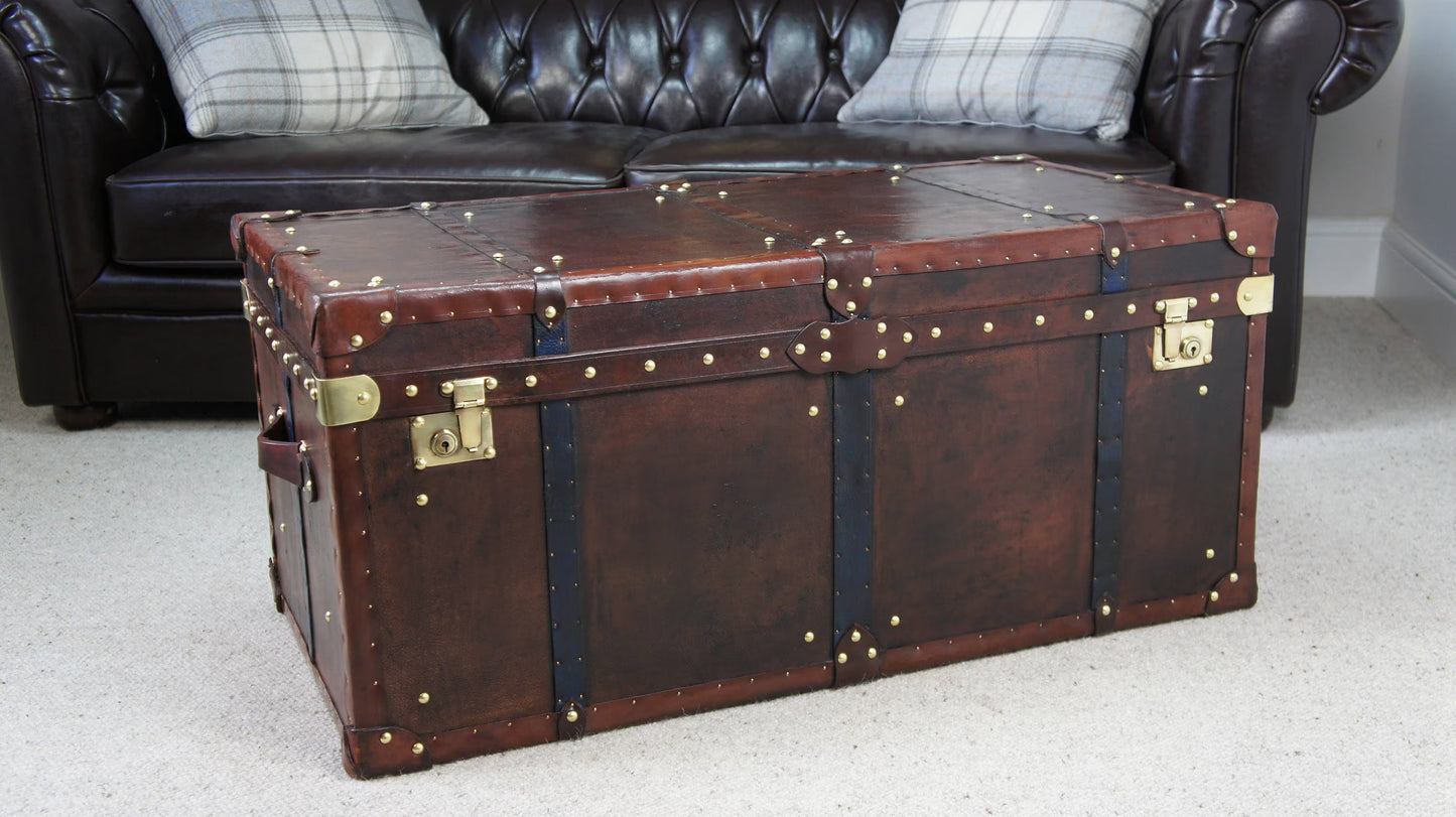 Vintage Storage Trunk Coffee Table | Antique Leather Top | Handmade England