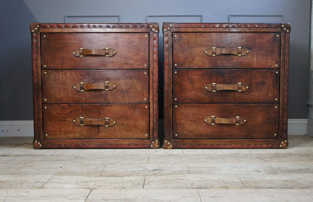 Leather Vintage Bedside Cabinet Pair, English Country House Master Bedroom, Nightstands Handmade Set