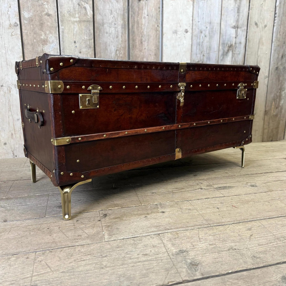 English handmade luxury leather storage trunk - custom made reclaimed leather - bespoke chest