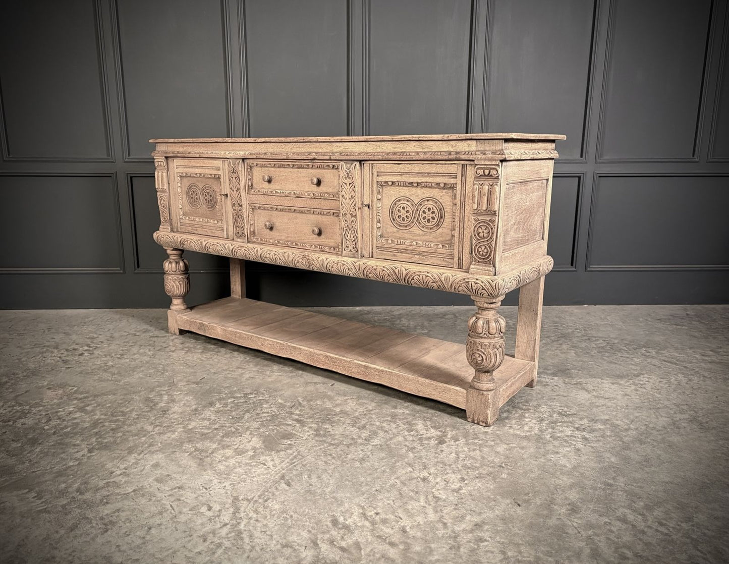 Carved Bleached Antique Oak Carved Sideboard