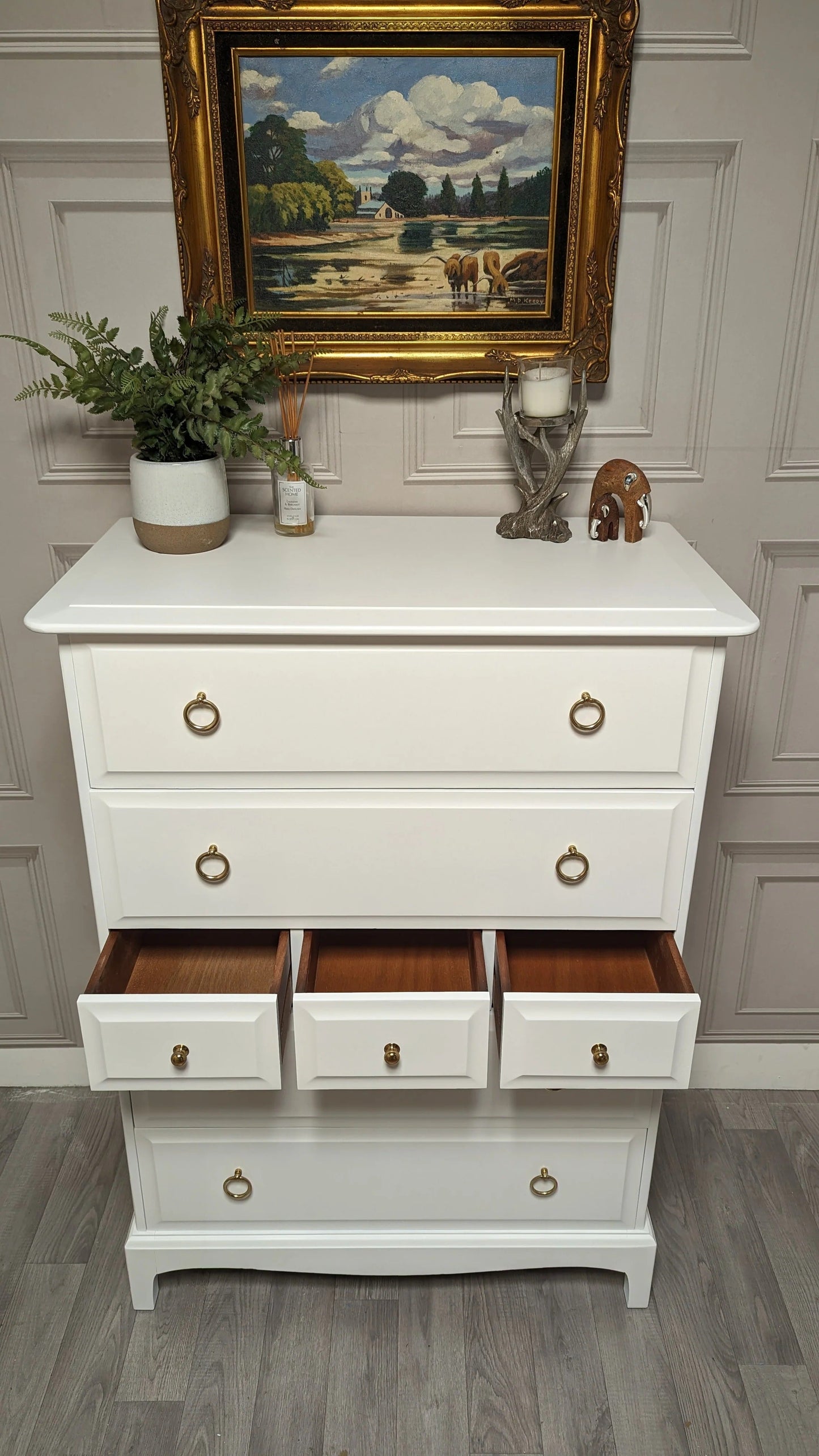 Stag minstrel white tallboy 7 drawer chest of drawers, professionally sprayed white furniture.
