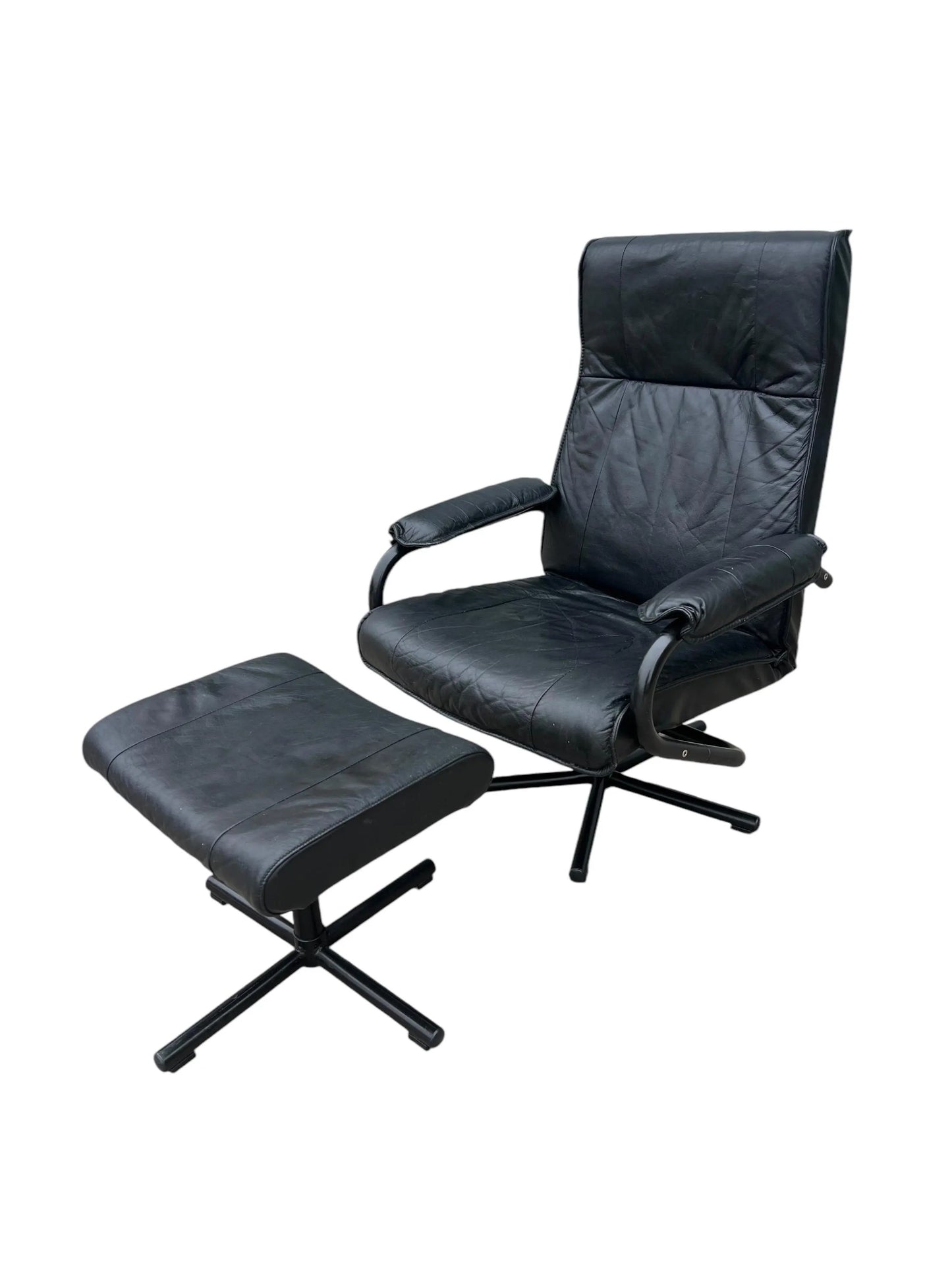 Black Mid century recliner swivel chair and stool in the manner of Kebe Mobler