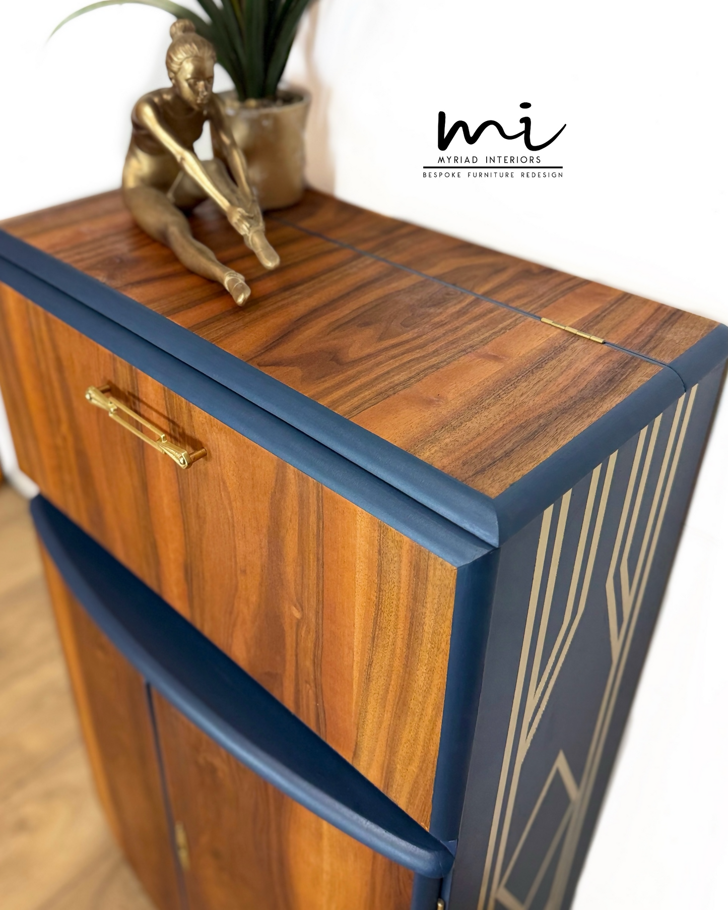 SOLD commissions available Navy Blue and Gold Art Deco Walnut Drinks Cabinet, cocktail cabinet, bar, sideboard, refurbished