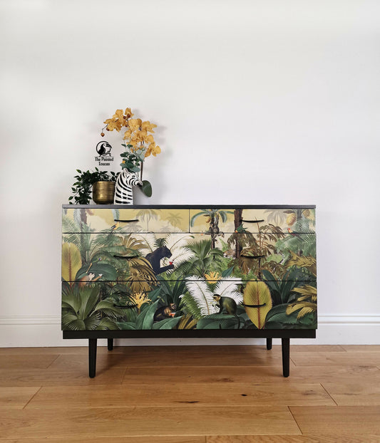 Black Mid-Century Modern MCM Stag Chest of Drawers with Jungle Decoupage