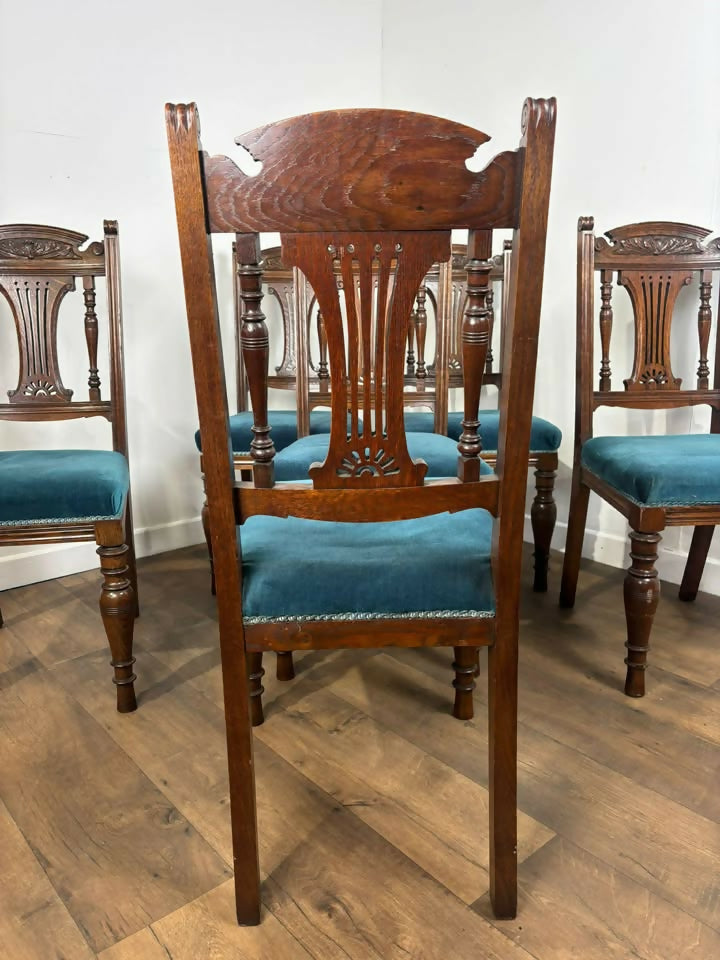Set of Six Edwardian Carved Oak Dining Chairs –with Teal Upholstery
