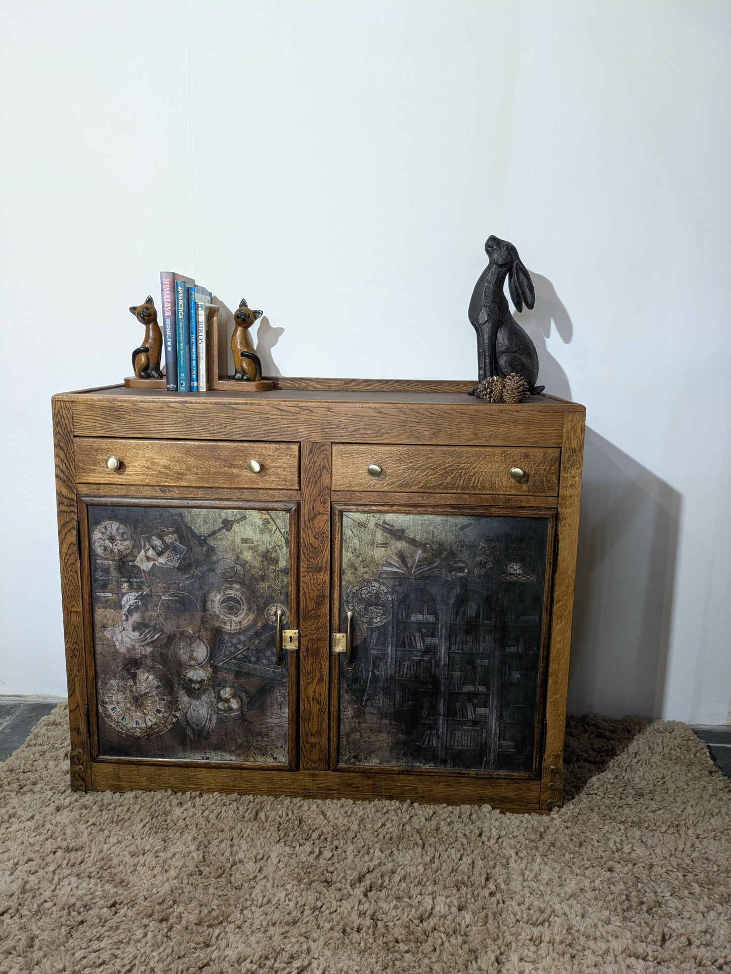 Hand-Painted Vintage Cupboard in Annie Sloan Black and Hornfleur | Decoupage Detail and Brass Hardware