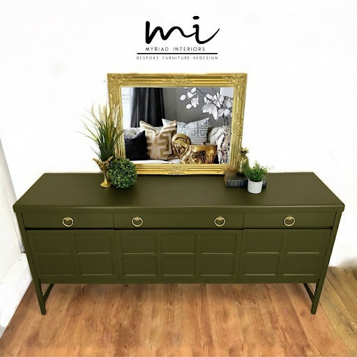 Large Vintage Nathan Sideboard in Bancha Green, olive green mid century drink cabinet, TV stand, media unit,