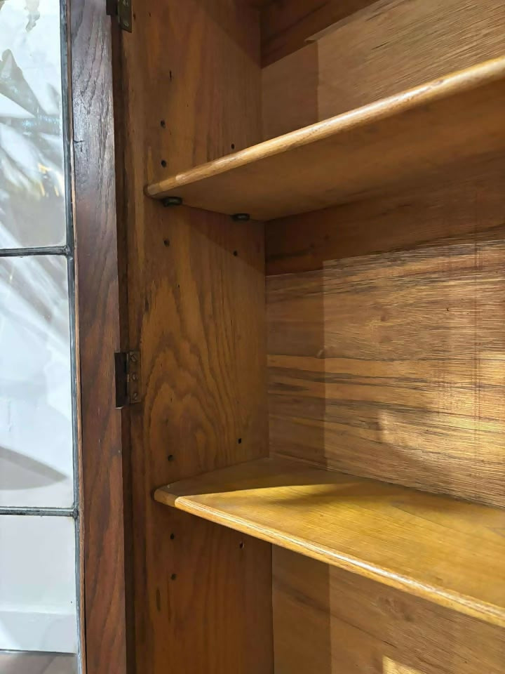 Vintage Oak Two Door Bookcase– Leaded Glass Doors