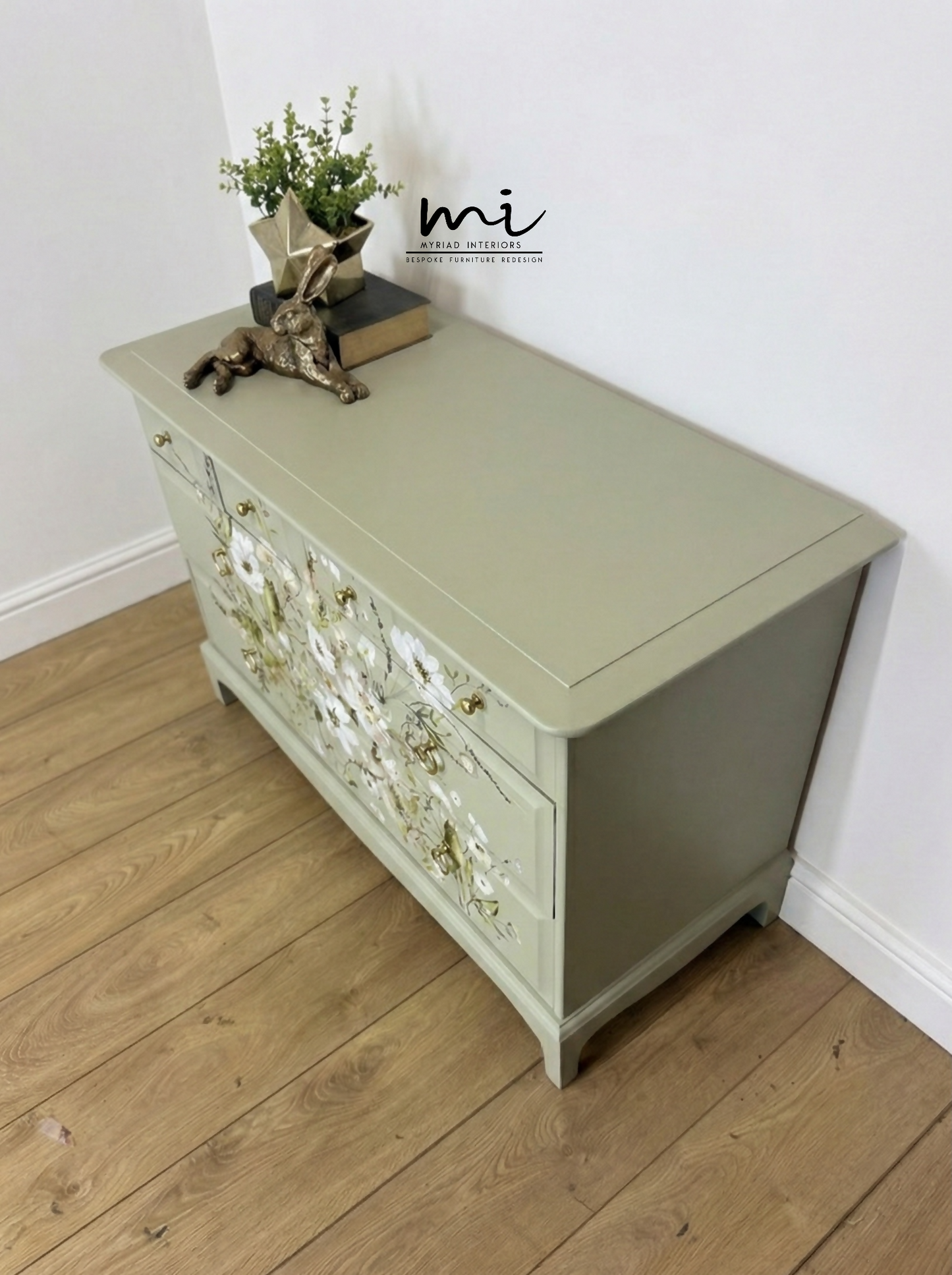 Refinished Stag Minstrel 4 over 2 chest of drawers in eucalyptus green with pretty floral design, dresser, dressing table pale sage, vintage