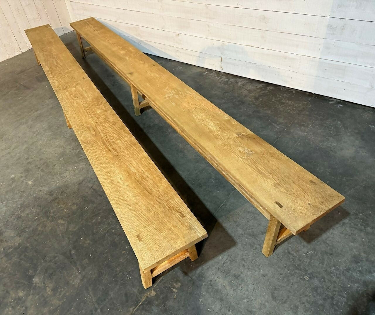 Very Long Pair Bleached Oak Dining Benches