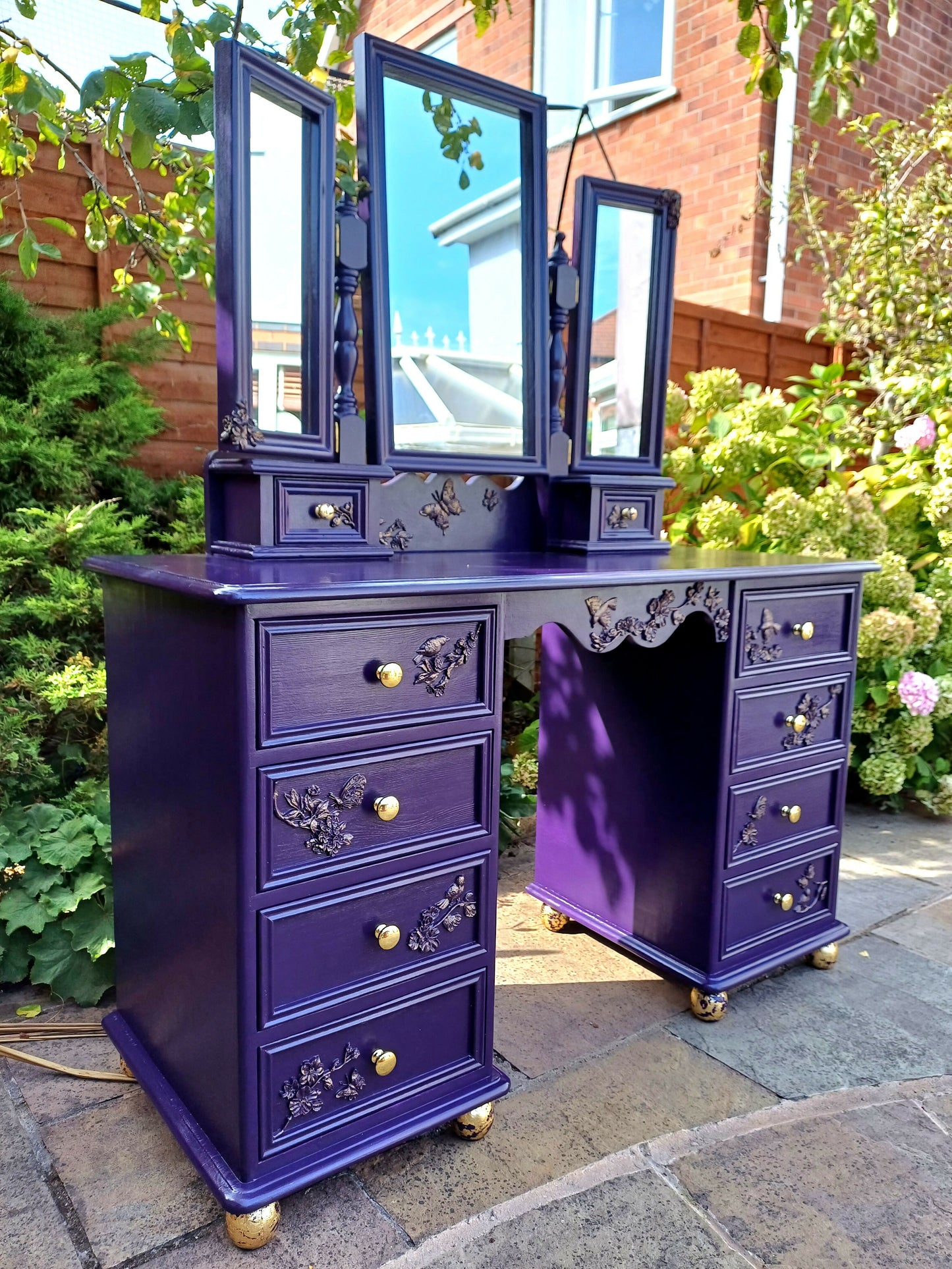 Upcycled Deep Purple and Gold Dressing Table with Flower and Bird Mould Design