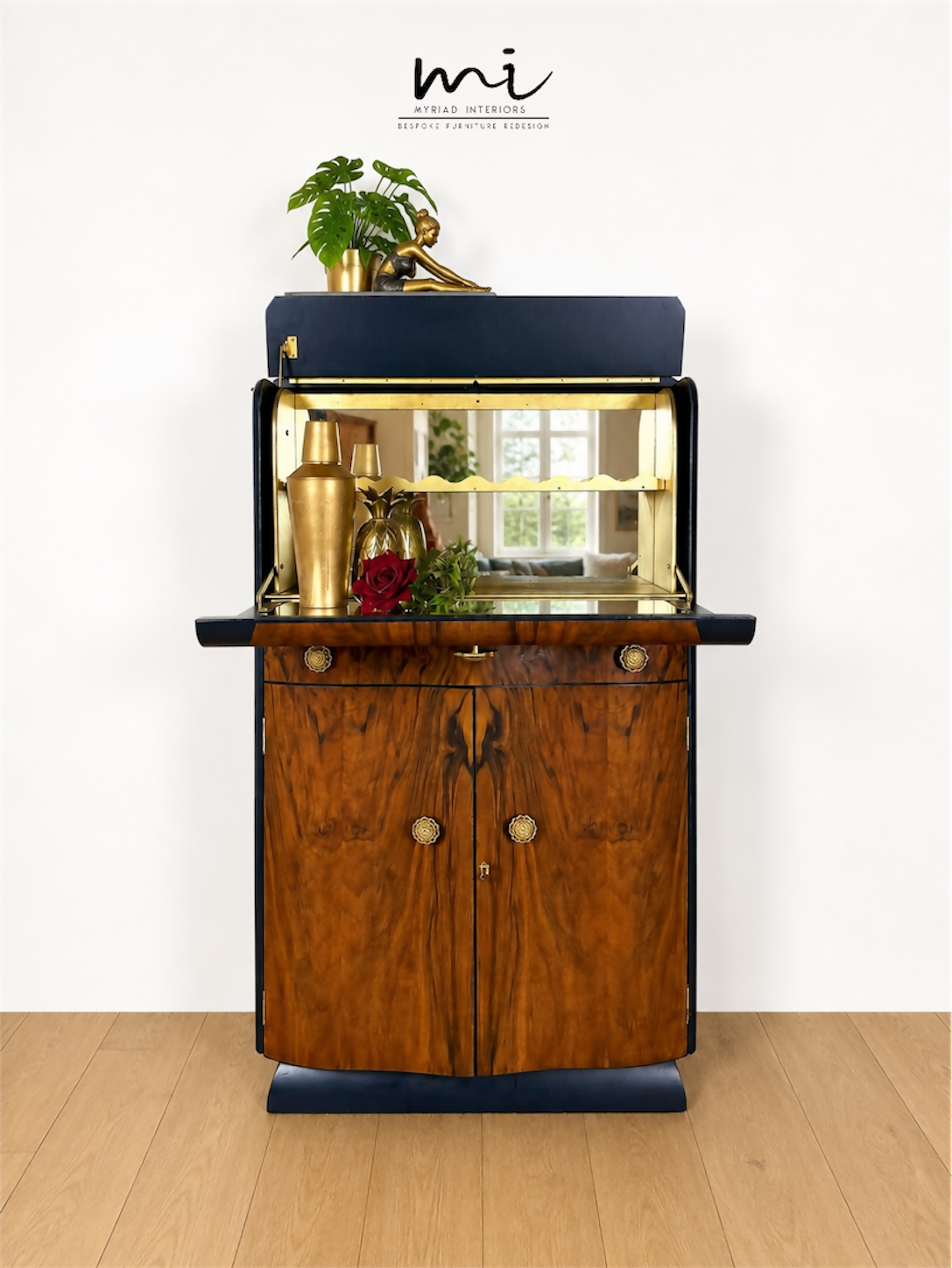 Navy Blue And Gold Art Deco Burl Walnut Cocktail Cabinet, Drinks Cabinet