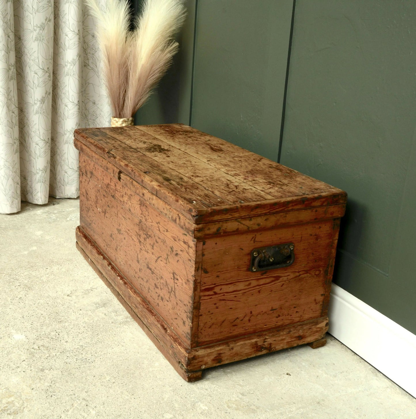 Antique Pine Trunk Box - Toy Chest - Hall Storage - Blanket Box Painted Ship