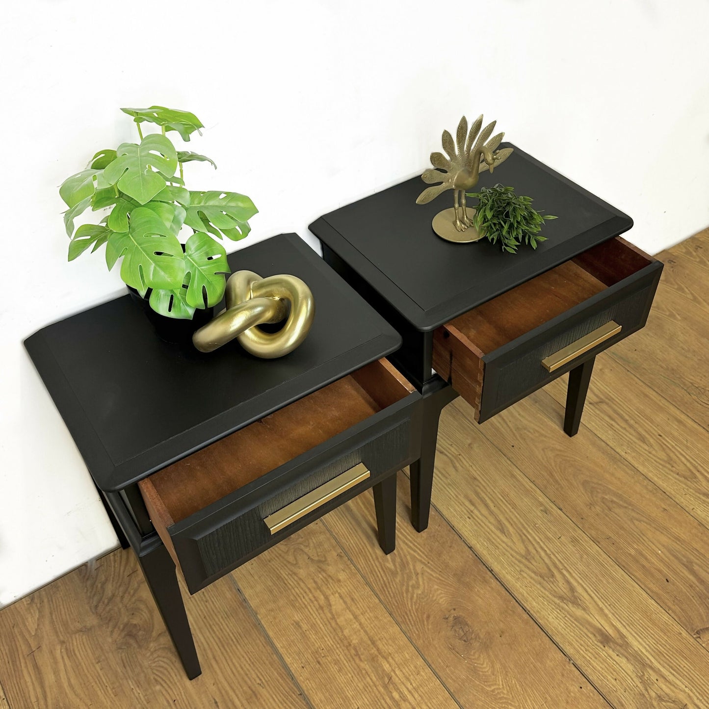 MADE TO ORDER Refinished Mid Century Stag Minstrel bedside tables, black, vintage nightstands
