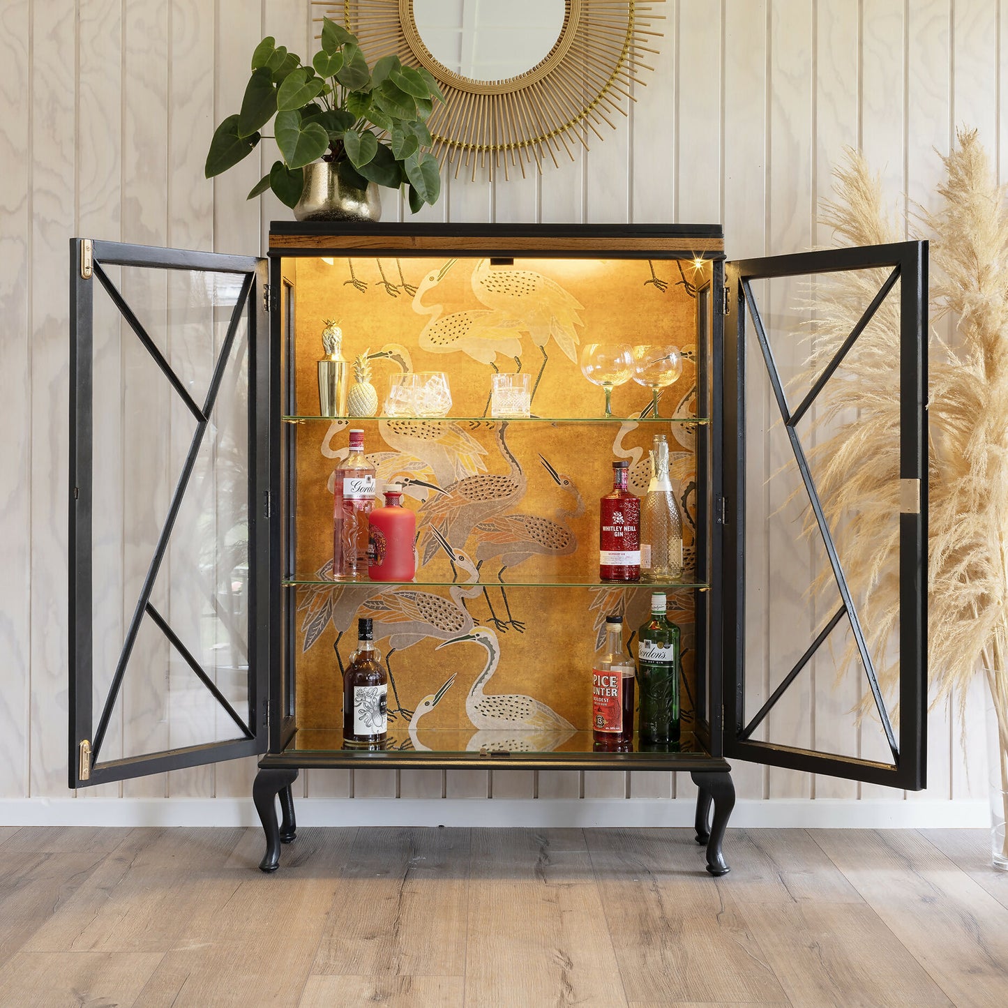 Professionally finished stunning Art Deco drinks cabinet, distinguished by its unique diamond frontage and crane fabric in ochre and grey. Sold, commission available.