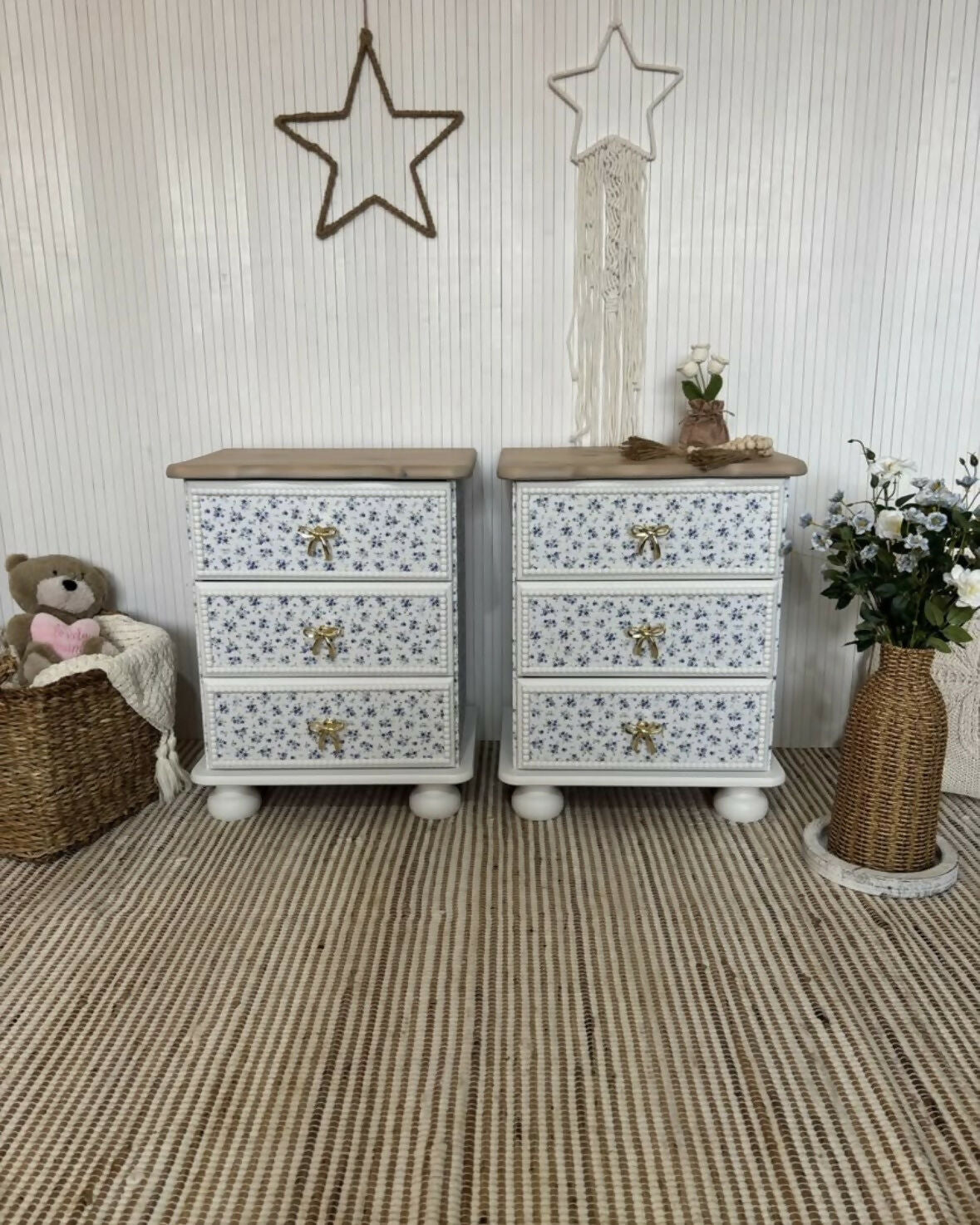Pair of pine bedside drawers featuring floral decoupage