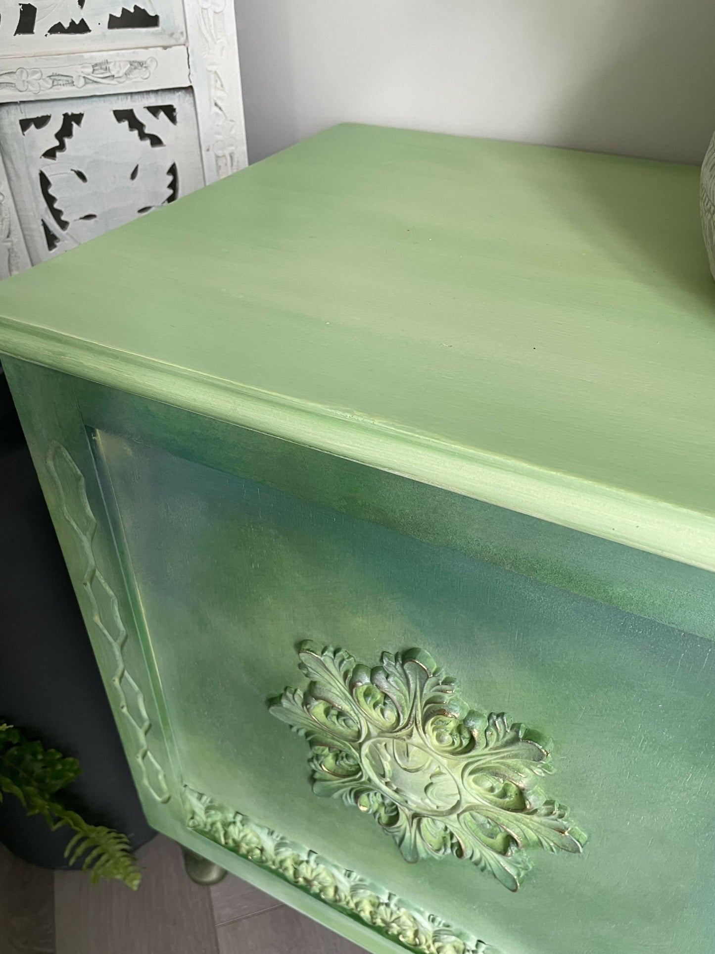 Vintage blanket box, hand painted green, boho
