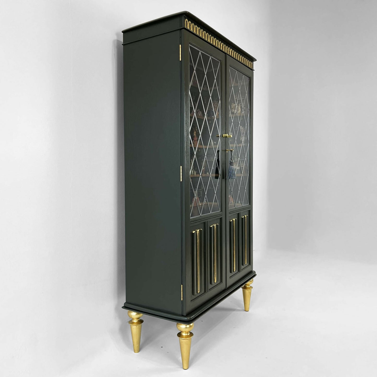 Olive green china cabinet with gold legs and glass door - Copy