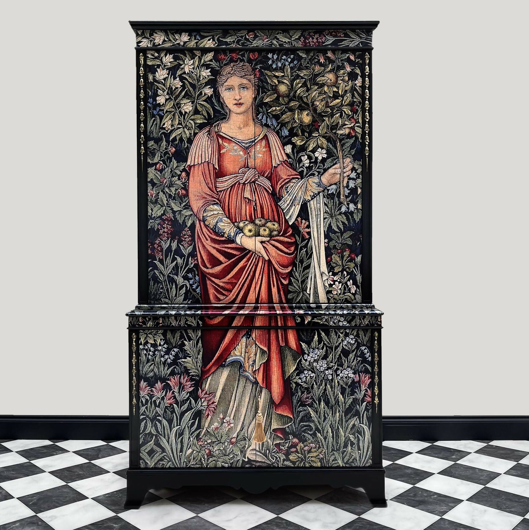 Antique walnut drinks cabinet painted black and decorated with tappestry by Sir Edward Burne-Jones