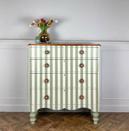 painted green and white Victorian pine chest of drawers with original solid oak handles