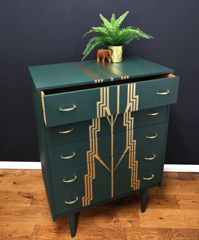 Mid Century modern Drawers,Green and Gold Chest of Drawers.
