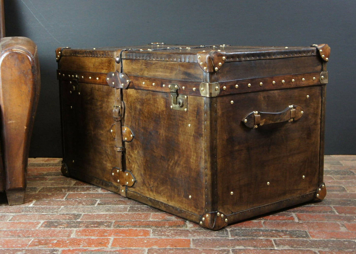 Handmade handcrafted luxury belted coffee table trunk