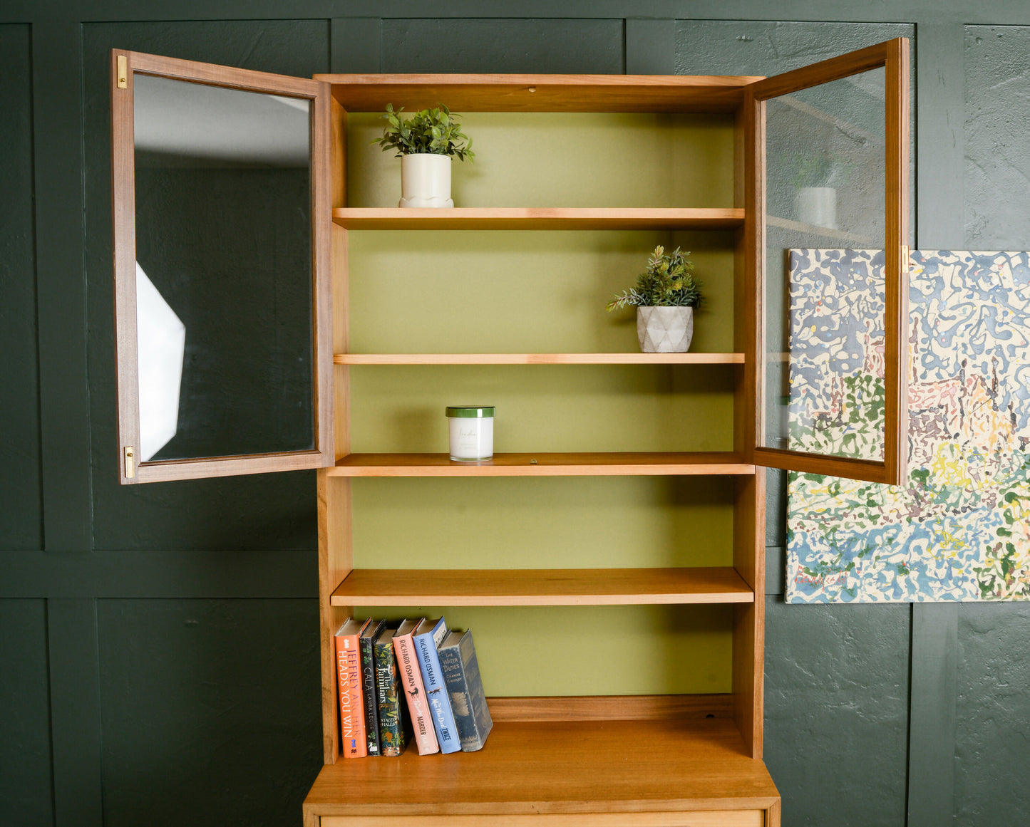 G Plan Sierra Wall Unit with Glass Doors and Green Backboard