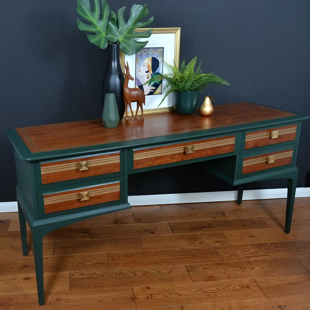 Mid Century Desk, Vintage Stag Desk, Dark Green and Gold Desk with Drawers.