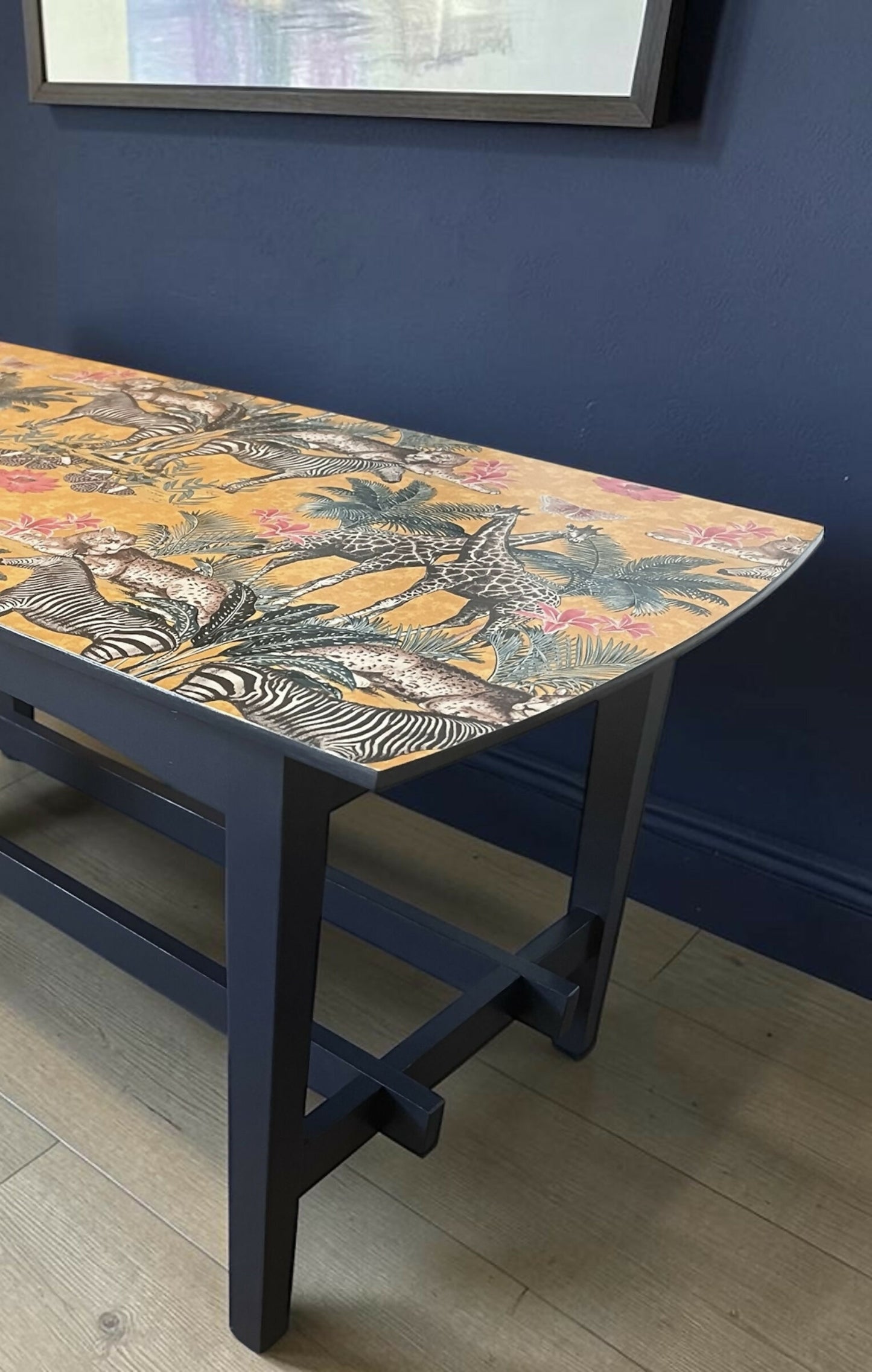 Navy Blue Coffee Table with Sealed Wild Animal Print Top
