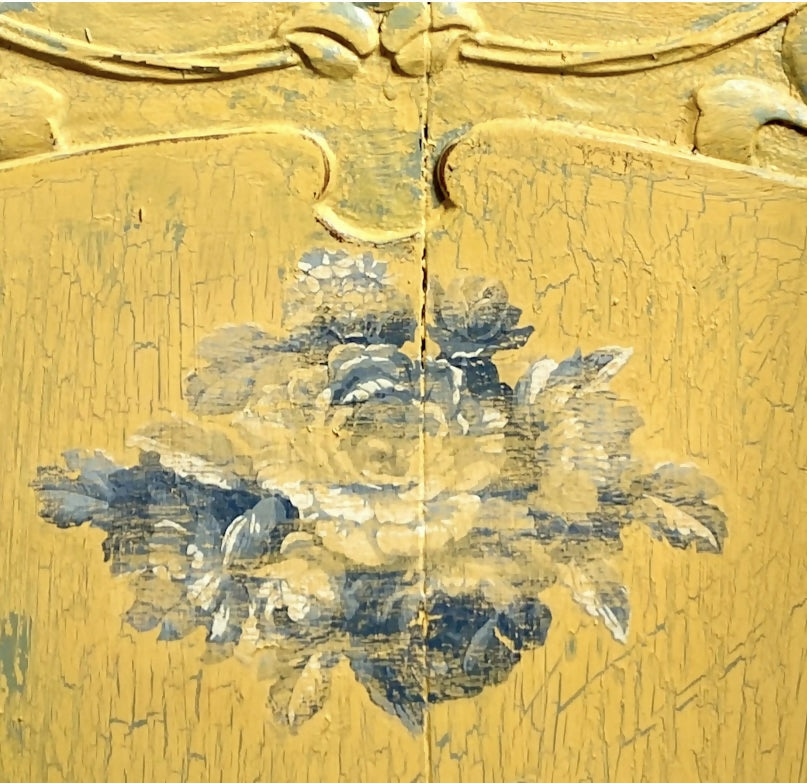 Sideboard Cupboard Yellow with Blue Roses