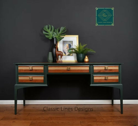 Mid Century Desk, Vintage Stag Desk, Dark Green and Gold Desk with Drawers.