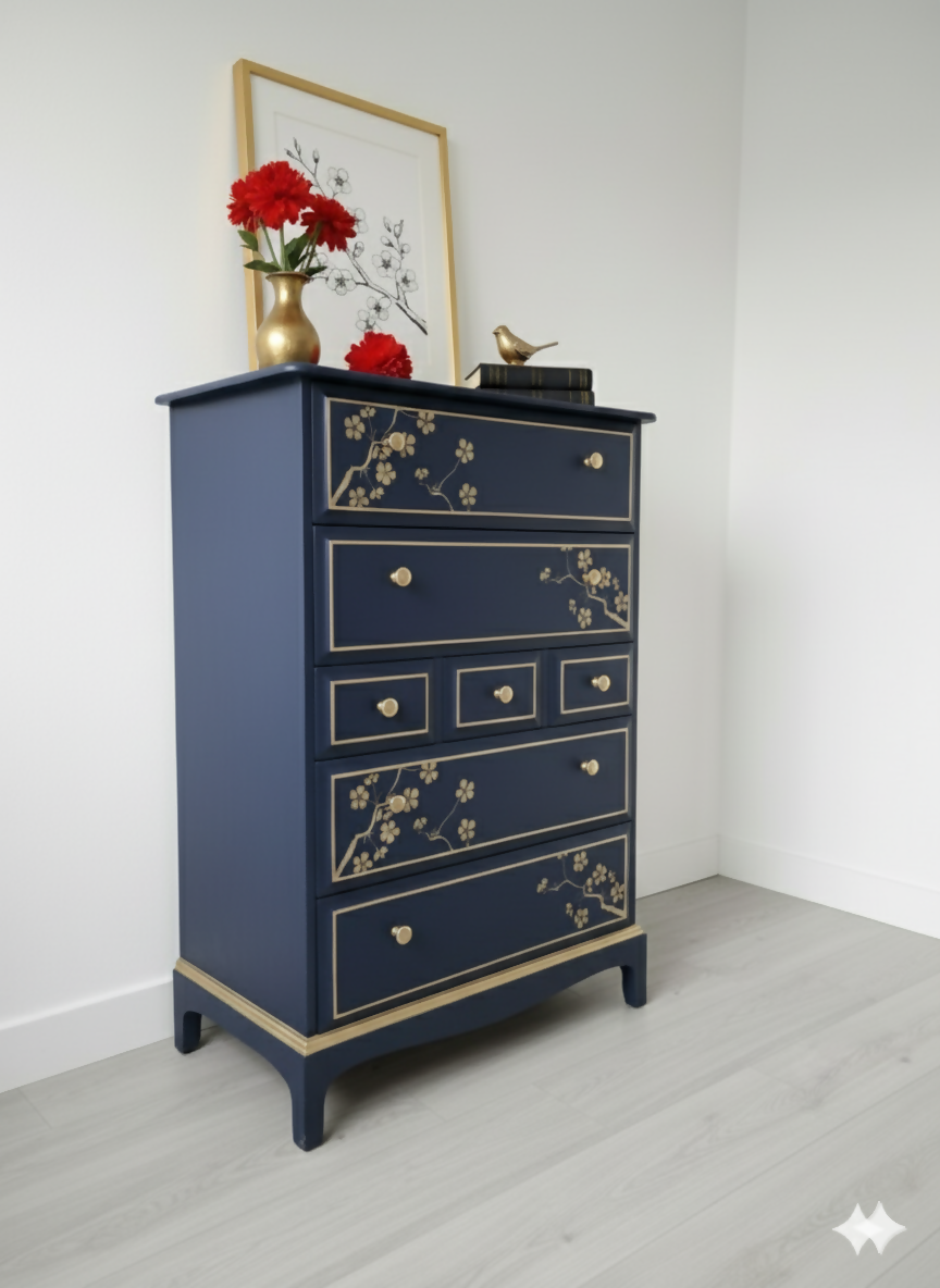 Nay and gold stag minstrel tall boy chest of drawers
