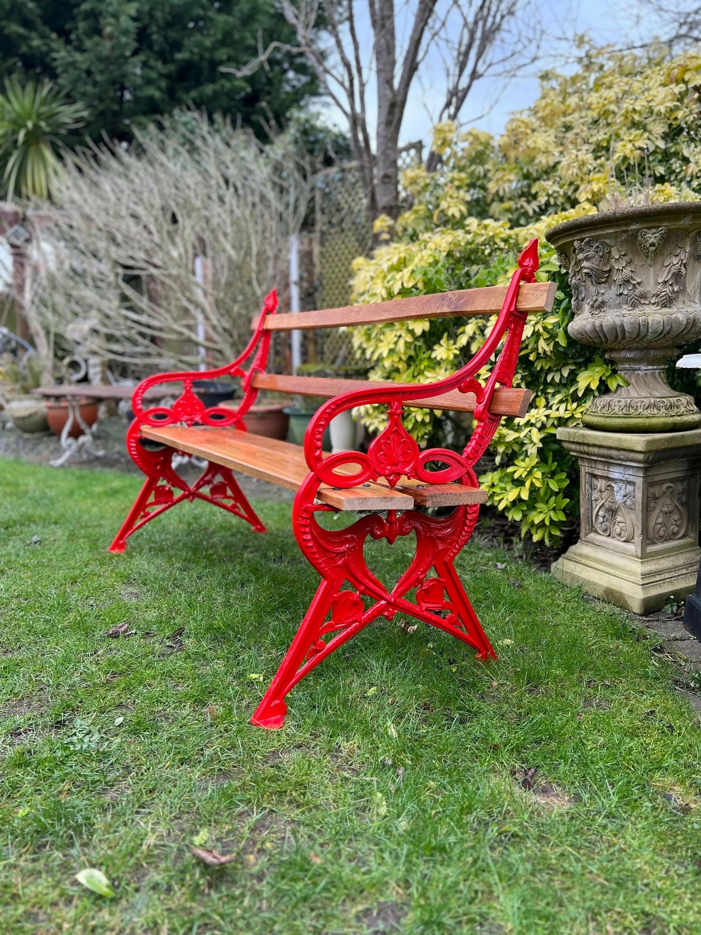 Ornate Red Garden Bench with Oak Planks