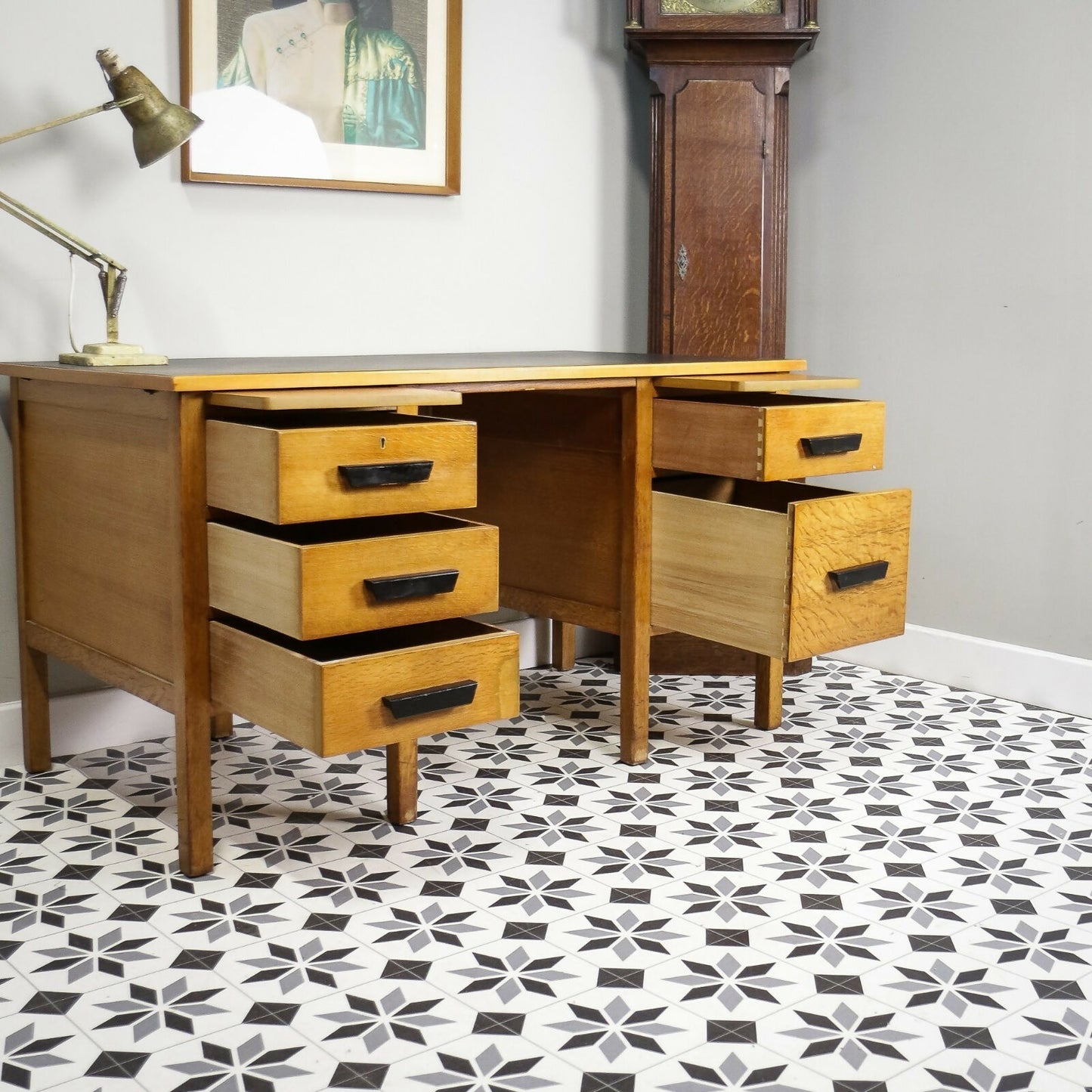 Vintage Oak Faced Mid Century Twin Pedestal Desk with Black Leatherette Top