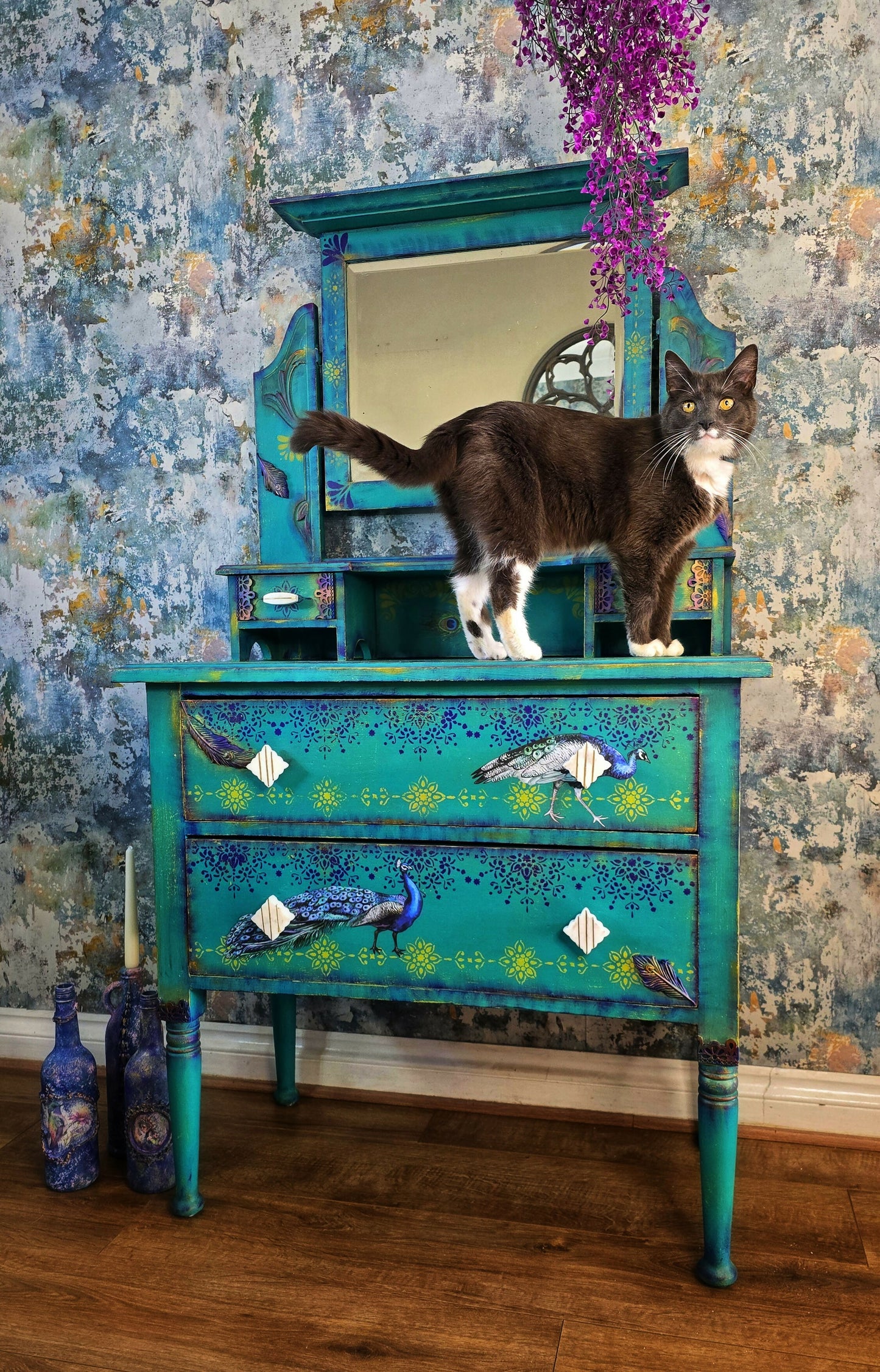Upcycled peacock design dressing table