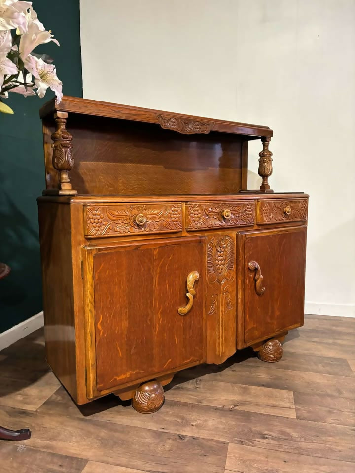Vintage Honey Oak Carved Sideboardx