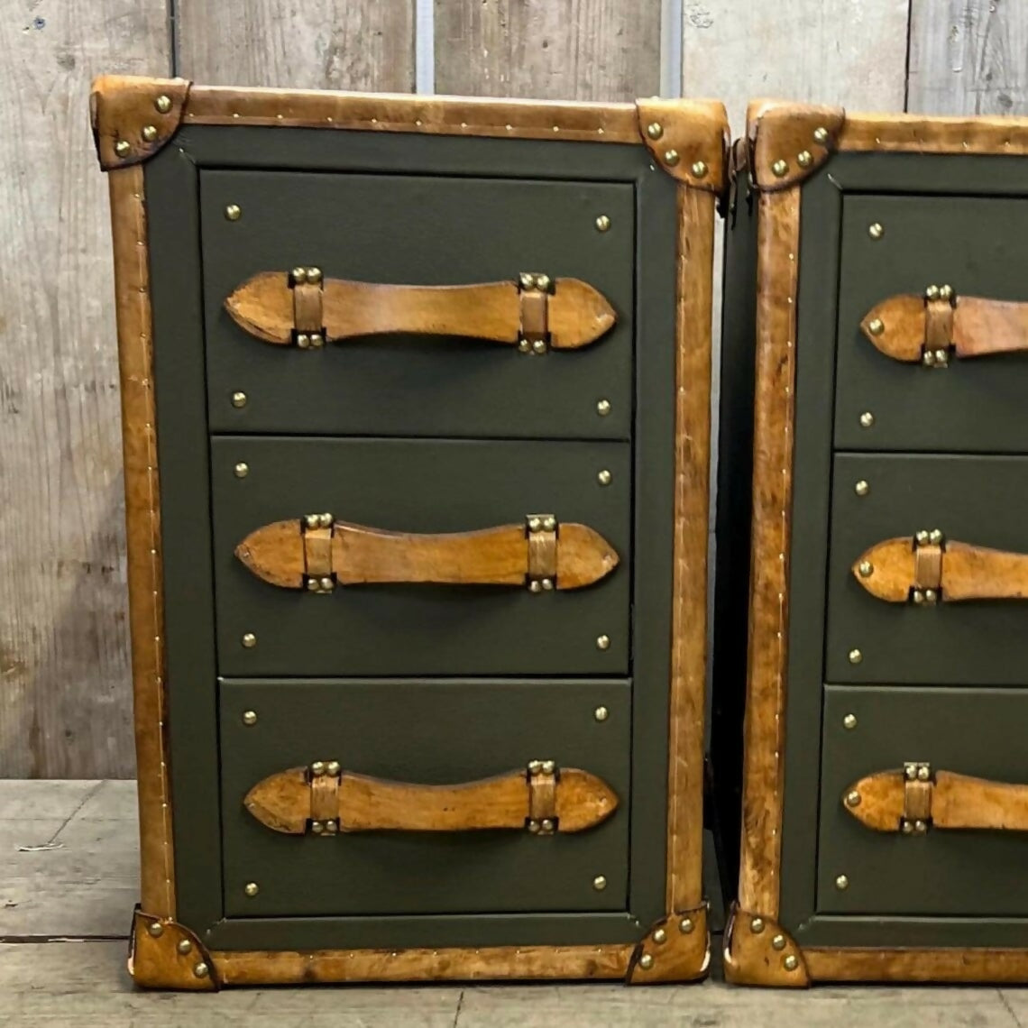 English luxury leather vintage nightstands | Olive green matching bedside tables | Hand dyed