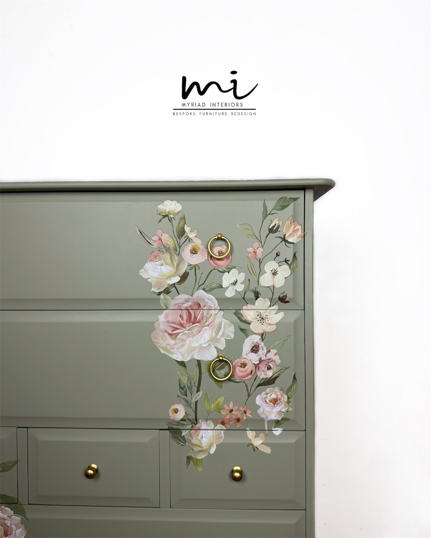 Refinished Stag Minstrel Tallboy Chest Of Drawers in Pale Green with delicate pink floral design